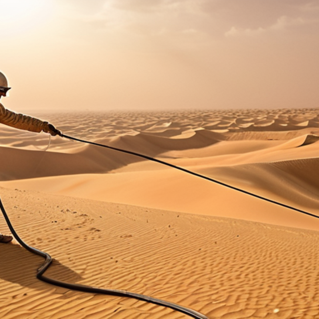 **

A vast, sun-scorched Sahara desert landscape with optical fiber cables stretching across massive sand dunes. A lone technician, sweating and covered in sand, struggles to repair a damaged cable. In the background, heat waves shimmer and a sandstorm approaches. Emphasize the harsh environment and the difficulty of maintaining telecommunications infrastructure.

**