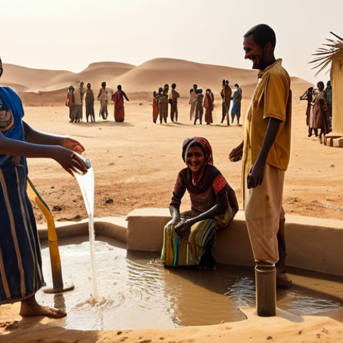 **

A newly constructed well in the Sahara desert.  Oasis setting.  Joyful villagers, especially women and children, gathering clean water.  Dusty background, but a sense of hope and vibrant life around the well. Focus on the positive impact of the NGO's water project. Golden hour lighting.

**