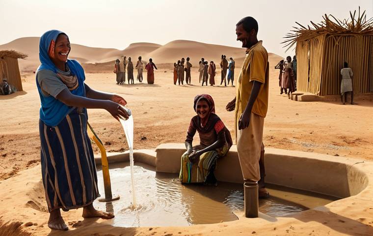 **

A newly constructed well in the Sahara desert.  Oasis setting.  Joyful villagers, especially women and children, gathering clean water.  Dusty background, but a sense of hope and vibrant life around the well. Focus on the positive impact of the NGO's water project. Golden hour lighting.

**