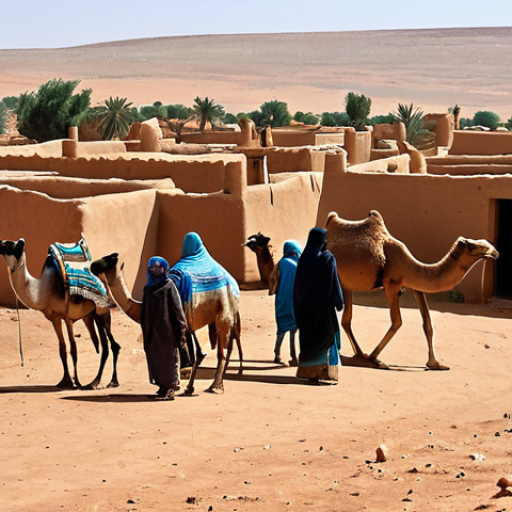 **

"A bustling Sahrawi oasis village scene, Tifariti in the background. People in modest, traditional clothing engage in trade and daily life. Mud-brick houses are visible, showcasing local architecture. Camels and goats are present. Bright daylight, safe for work, appropriate content, fully clothed, professional, modest, family-friendly, perfect anatomy, correct proportions, natural pose, well-formed hands, proper finger count, natural body proportions, high quality, detailed."

**