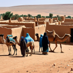 Home 8 **
"A bustling Sahrawi oasis village scene, Tifariti in the background. People in modest, traditional clothing engage in trade and daily life. Mud-brick houses are visible, showcasing local architecture. Camels and goats are present. Bright daylight, safe for work, appropriate content, fully clothed, professional, modest, family-friendly, perfect anatomy, correct proportions, natural pose, well-formed hands, proper finger count, natural body proportions, high quality, detailed."
**