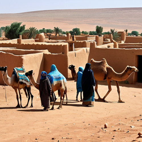 Home 20 **
"A bustling Sahrawi oasis village scene, Tifariti in the background. People in modest, traditional clothing engage in trade and daily life. Mud-brick houses are visible, showcasing local architecture. Camels and goats are present. Bright daylight, safe for work, appropriate content, fully clothed, professional, modest, family-friendly, perfect anatomy, correct proportions, natural pose, well-formed hands, proper finger count, natural body proportions, high quality, detailed."
**