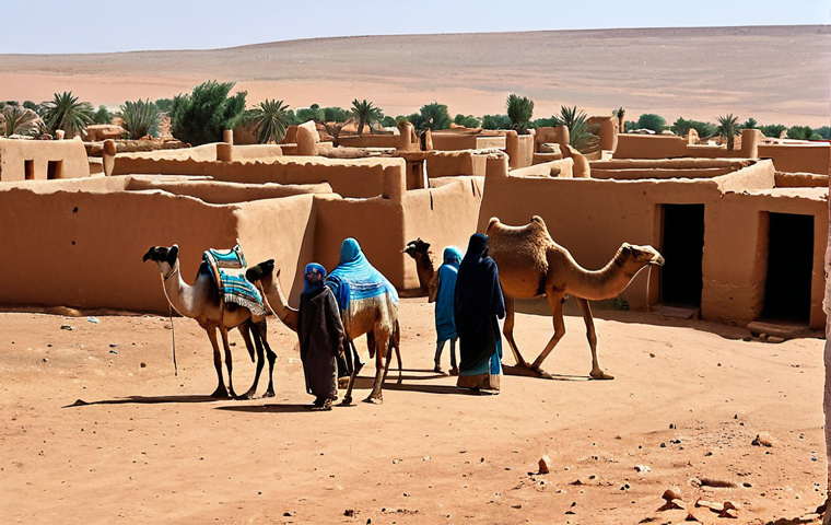 **
"A bustling Sahrawi oasis village scene, Tifariti in the background. People in modest, traditional clothing engage in trade and daily life. Mud-brick houses are visible, showcasing local architecture. Camels and goats are present. Bright daylight, safe for work, appropriate content, fully clothed, professional, modest, family-friendly, perfect anatomy, correct proportions, natural pose, well-formed hands, proper finger count, natural body proportions, high quality, detailed."
**