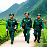 Home 7 **A joint patrol of Vietnamese and Laotian border guards** walking along a marked border line in a mountainous region. The guards are fully clothed in their respective uniforms, carrying appropriate equipment. The scene showcases cooperation and security. In the background, small villages are visible. Safe for work, appropriate content, fully clothed, professional, perfect anatomy, natural proportions, high quality.