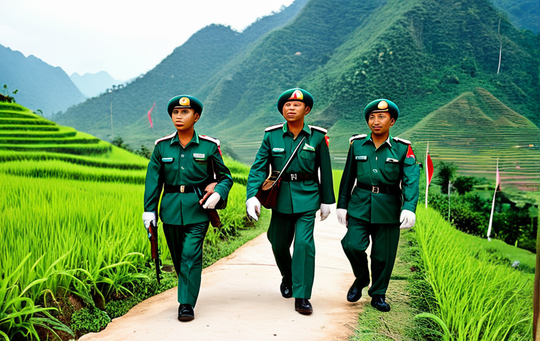 **A joint patrol of Vietnamese and Laotian border guards** walking along a marked border line in a mountainous region. The guards are fully clothed in their respective uniforms, carrying appropriate equipment. The scene showcases cooperation and security. In the background, small villages are visible. Safe for work, appropriate content, fully clothed, professional, perfect anatomy, natural proportions, high quality.