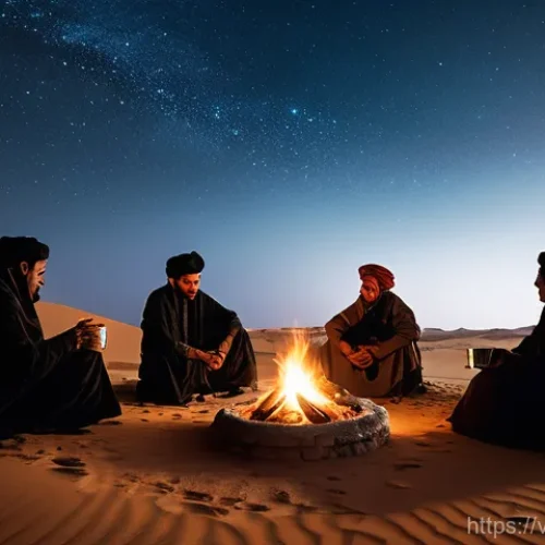 Home 18 사하라 아랍 민주 공화국 여행 시기 추천 - **Prompt:** A group of people, modestly dressed in traditional desert attire, gathered around a crac...