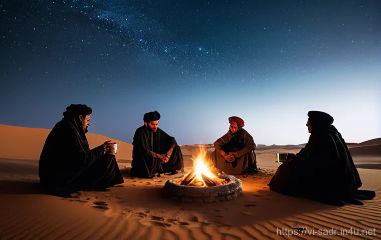 사하라 아랍 민주 공화국 여행 시기 추천 - **Prompt:** A group of people, modestly dressed in traditional desert attire, gathered around a crac...