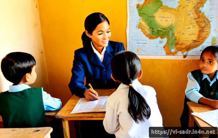 사하라 아랍 민주 공화국 내 교육 제도 - Photorealistic Sahrawi primary school classroom in a desert refugee camp, a warmly dressed teacher g...