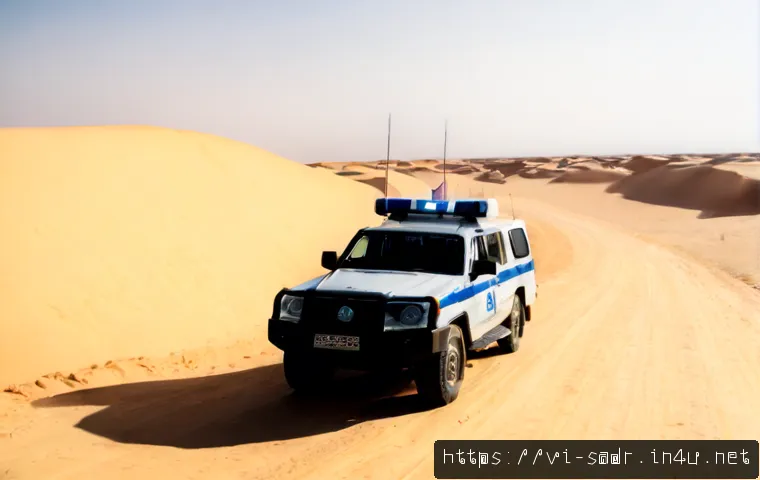 Home 13 사하라 아랍 민주 공화국 내 분쟁 지역 - Photorealistic wide-angle view of a remote Western Sahara desert checkpoint, a UN-style white patrol...